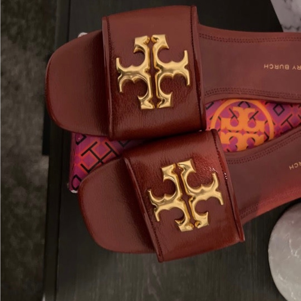Tory Burch Elanor Leather Logo Slides